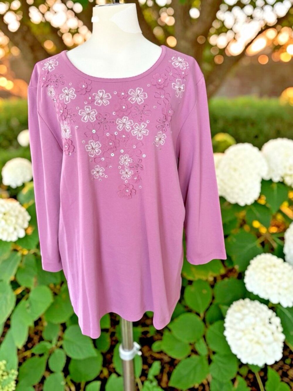 Alfred Dunner Lilac 3/4 Sleeve Flower Theme Top-Size Large